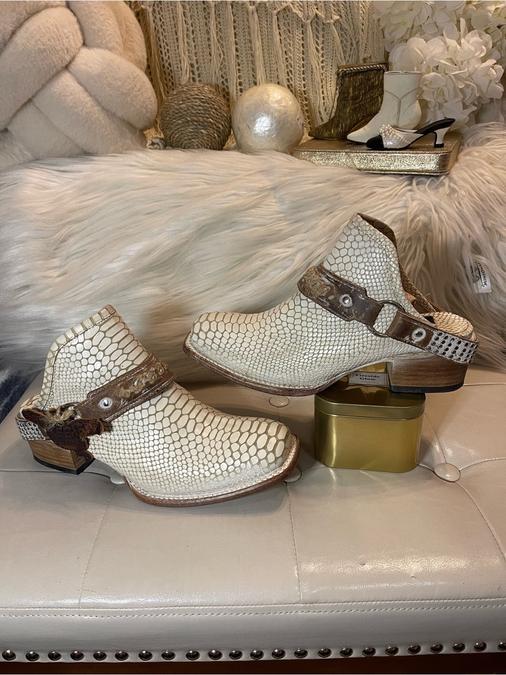 Freebird RETIRED “Train” Leather Mules Snake Skin in Cream “Stone” Colorway